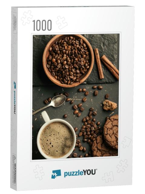 Black Fried Coffee Beans in Cafe with Cookie & Cake on Da... Jigsaw Puzzle with 1000 pieces