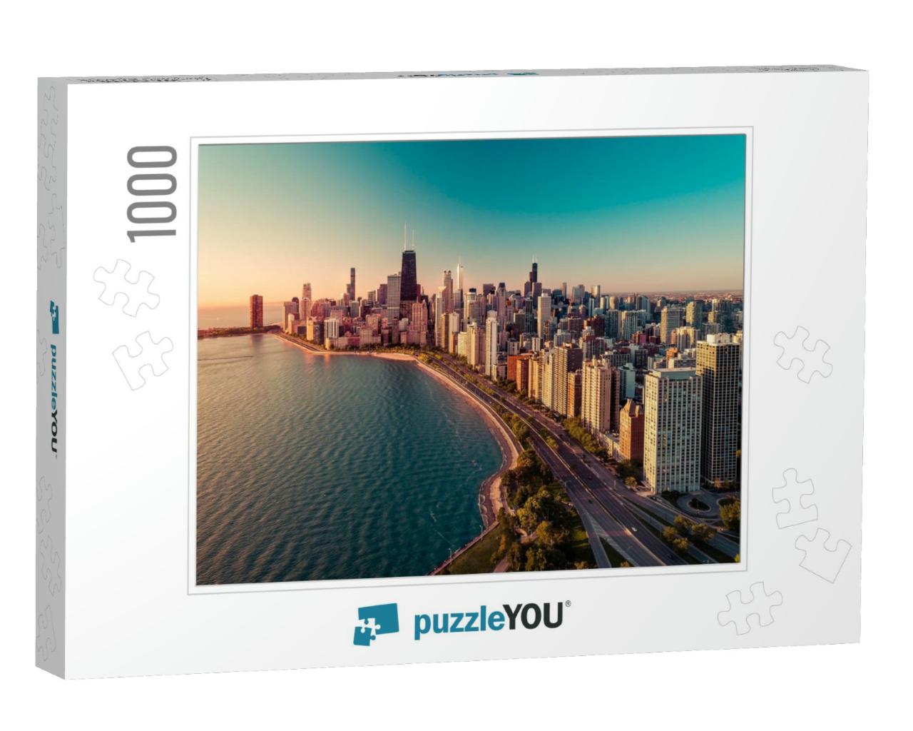 Chicago Skyline Aerial View with Sunrise Above Downtown B... Jigsaw Puzzle with 1000 pieces