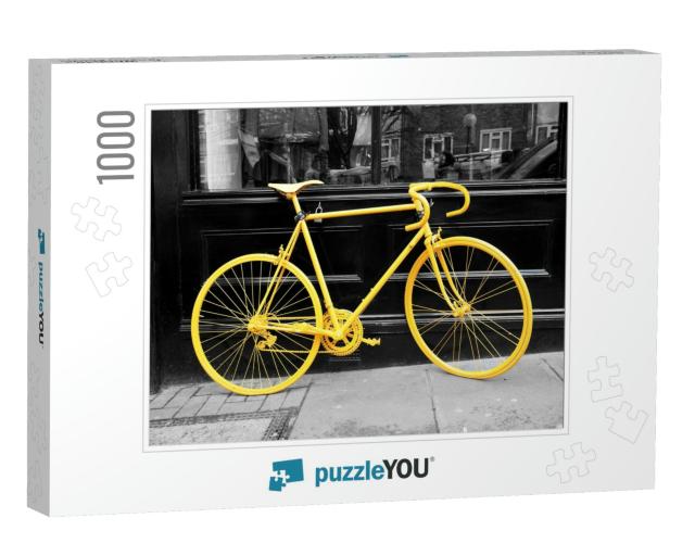 B&W Photo of Old Yellow Bike on the Window of the Coffee... Jigsaw Puzzle with 1000 pieces