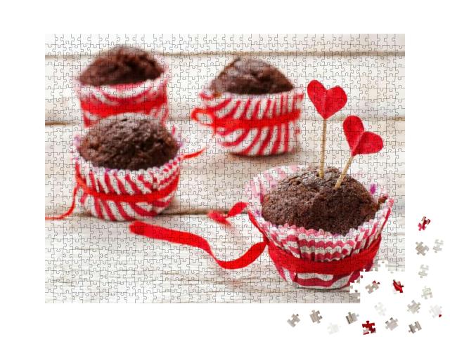 Chocolate Muffins on White Wood Background for Valentines... Jigsaw Puzzle with 1000 pieces