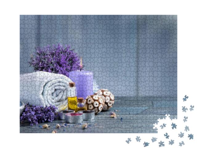 Spa Massage Setting, Lavender Product, Oil on Wooden Back... Jigsaw Puzzle with 1000 pieces