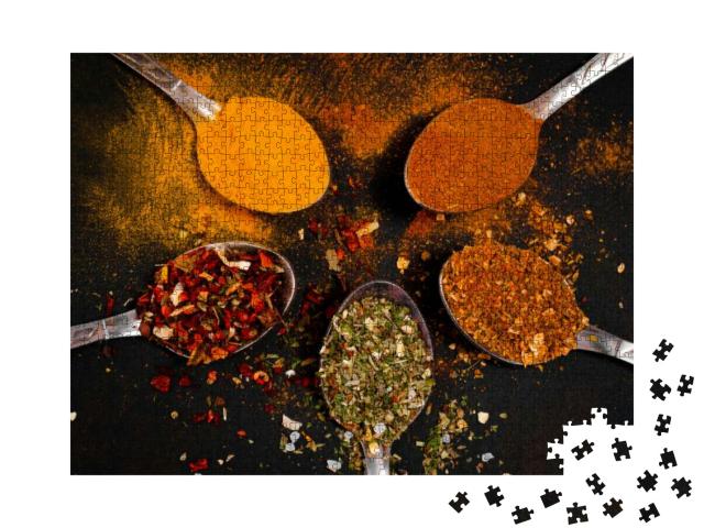 Various Spices Spoons on Stone Table. Top View with Copy... Jigsaw Puzzle with 1000 pieces