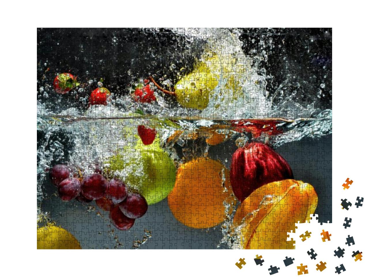 Splashing Fruit on Water. Fresh Fruit & Vegetables Being... Jigsaw Puzzle with 1000 pieces