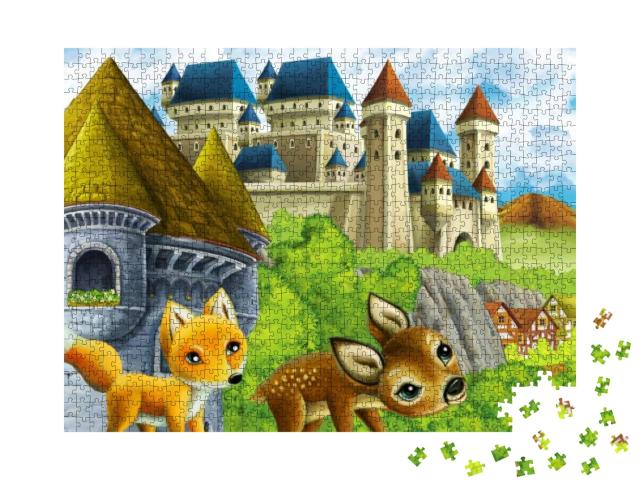 Cartoon Scene with Kingdom Castle Mountains Valley Near F... Jigsaw Puzzle with 1000 pieces