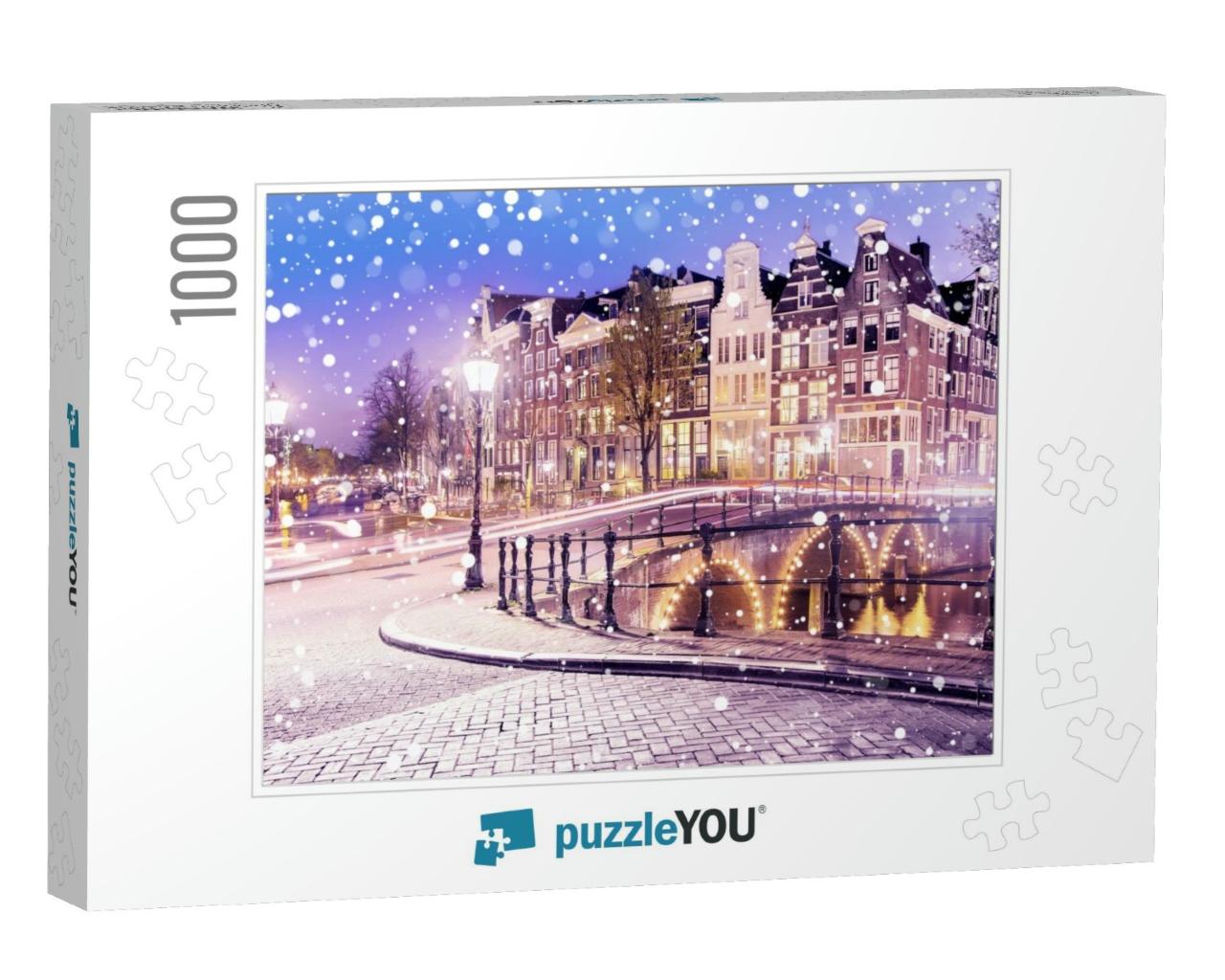 Traditional Dutch Old Houses & Bridges on the Canals in A... Jigsaw Puzzle with 1000 pieces