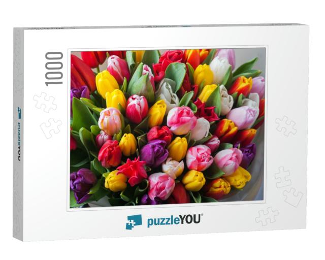 Mix of Spring Tulips Flowers Near Grey Wall... Jigsaw Puzzle with 1000 pieces