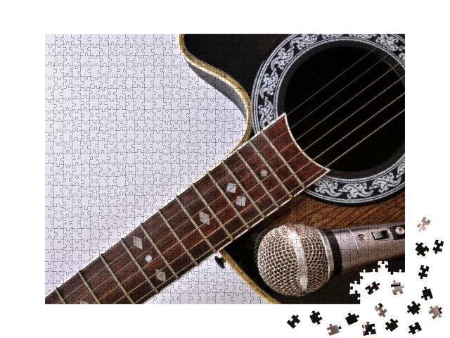 Acoustic Guitar & Microphone Isolated on White T... Jigsaw Puzzle with 1000 pieces