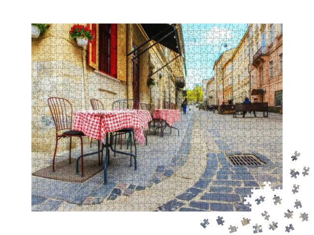 Outdoor Cafe in the Old Town. Summer Cafe in the Narrow O... Jigsaw Puzzle with 1000 pieces