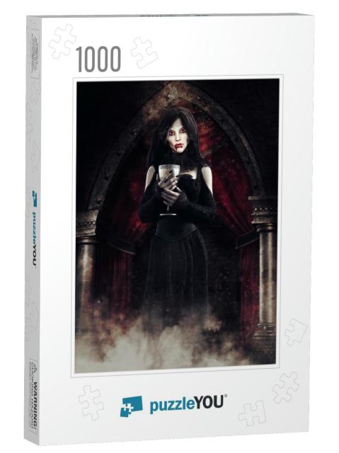 Gothic Scene with a Vampire Girl Standing with a Chalice... Jigsaw Puzzle with 1000 pieces