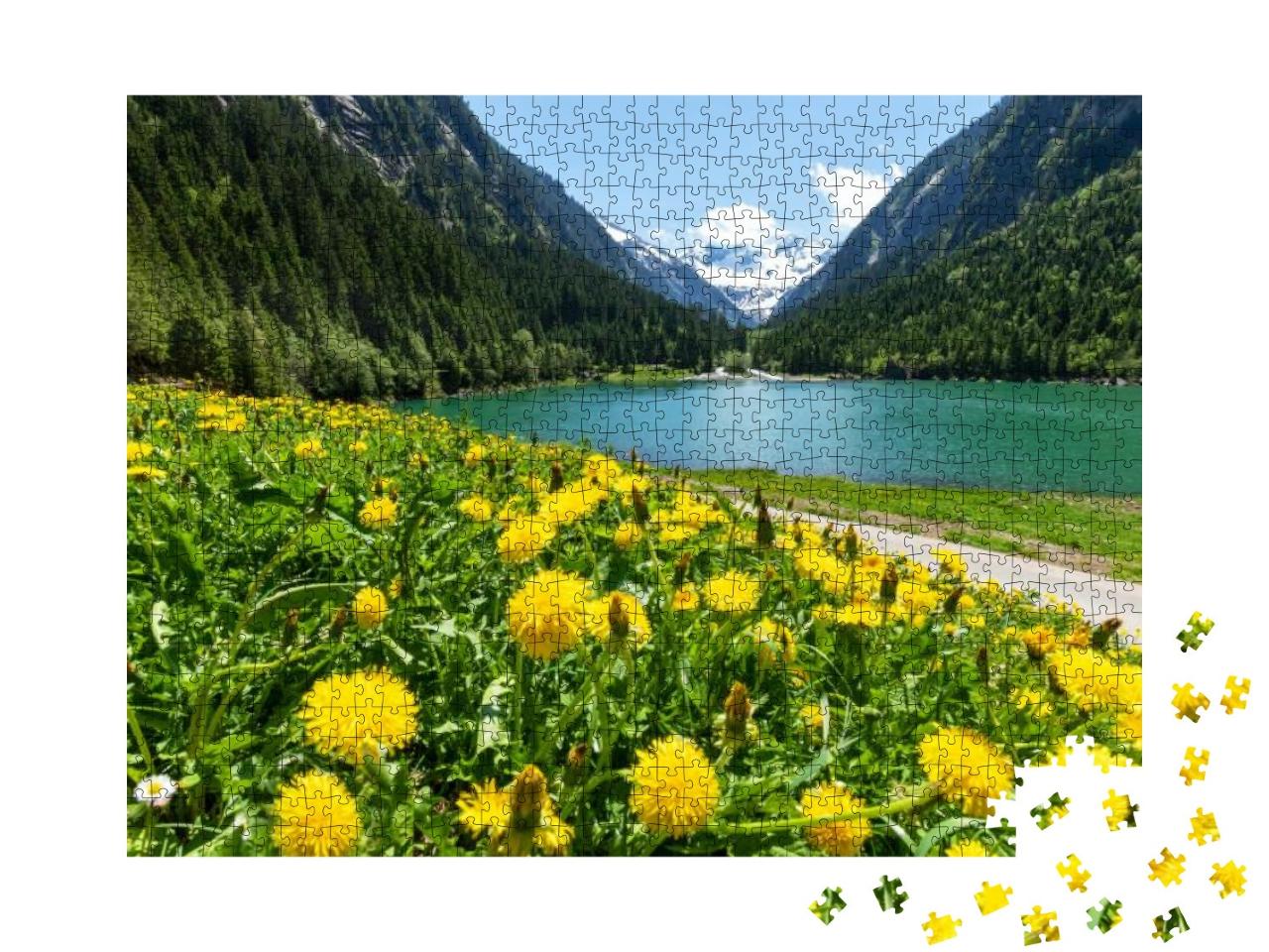 Idyllic Summer Landscape with Mountain Lake & Yellow Dand... Jigsaw Puzzle with 1000 pieces
