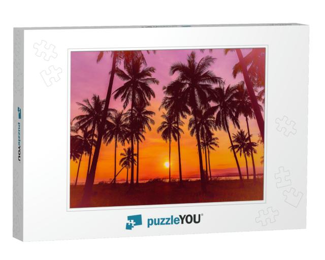 Silhouette Coconut Palm Trees on Beach At Sunset. Vintage... Jigsaw Puzzle
