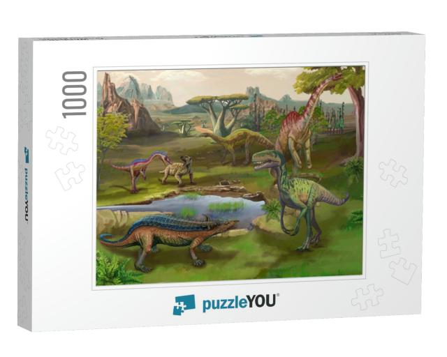 Scene with Dinosaurs Asteroid Explosion At the End of the... Jigsaw Puzzle with 1000 pieces