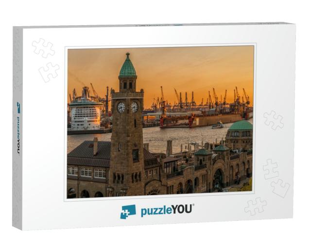 Sunset Over the Landungsbruecken & the Port in Hamburg... Jigsaw Puzzle