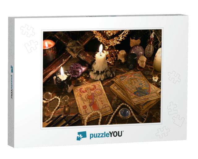 Mystic Ritual with Tarot Cards, Vintage Objects, C... Jigsaw Puzzle