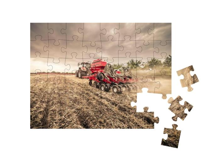 Modern Red Tractor with Red Implement Seeding Directly In... Jigsaw Puzzle with 48 pieces