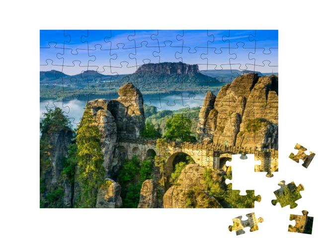 Bridge Named Bastei in Saxon Switzerland, At Sunrise & th... Jigsaw Puzzle with 100 pieces