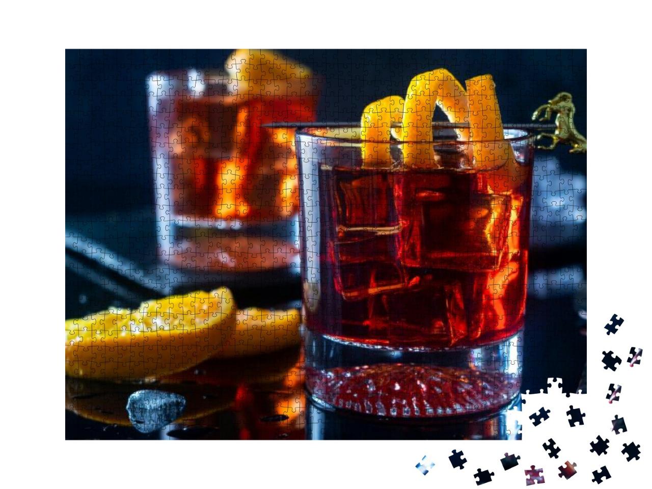 Negroni Cocktail with Orange Twist & Pin, on Dark Backgro... Jigsaw Puzzle with 1000 pieces