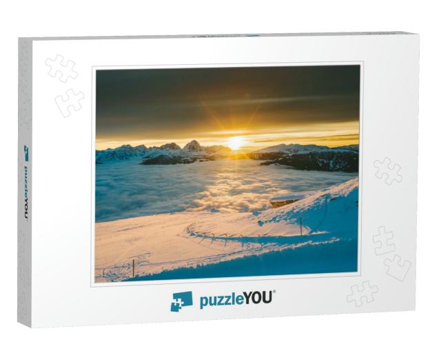 Drone Aerial View of Snowy Mountains in Kronplatz, Italy... Jigsaw Puzzle