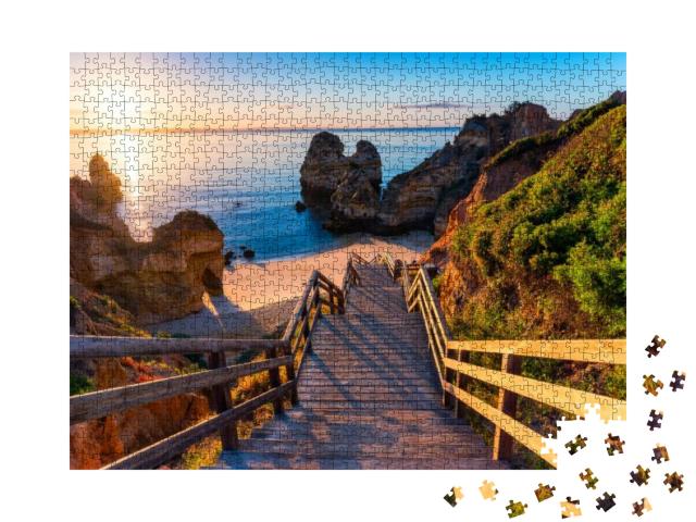 Sunrise At Camilo Beach in Lagos, Algarve, Portugal. Wood... Jigsaw Puzzle with 1000 pieces