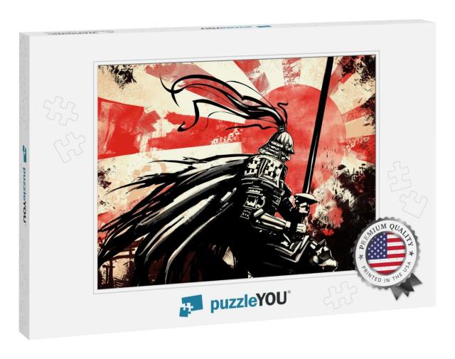 Samurai in Armor with a Katana Stands Against the Sun Pai... Jigsaw Puzzle