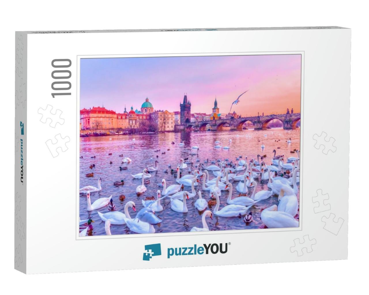 Swans on Vltava River, Towers & Charles Bridge At Sunset... Jigsaw Puzzle with 1000 pieces