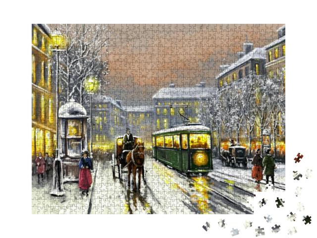 Oil Paintings Landscape, Old Tram in the Street. Old City... Jigsaw Puzzle with 1000 pieces