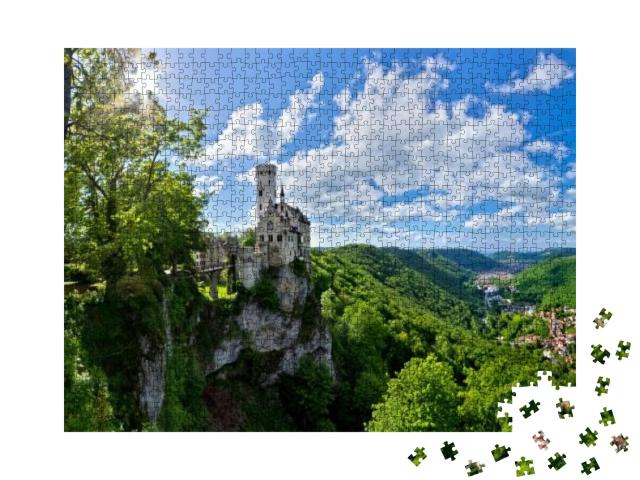 Panoramic View of the Lichtenstein Castle & the Echaz Val... Jigsaw Puzzle with 1000 pieces