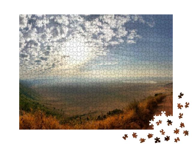 Panorama of Ngorongoro Crater with Sunny Blue Sky with Fe... Jigsaw Puzzle with 1000 pieces