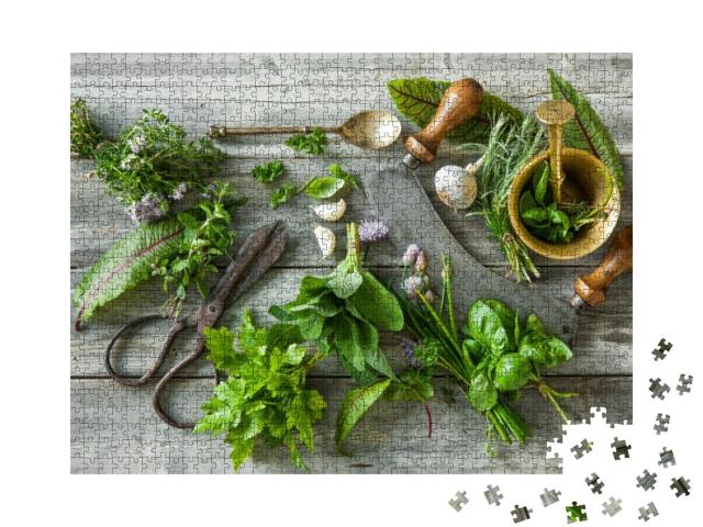 Fresh Kitchen Herbs & Spices on Wooden Table. Top View... Jigsaw Puzzle with 1000 pieces