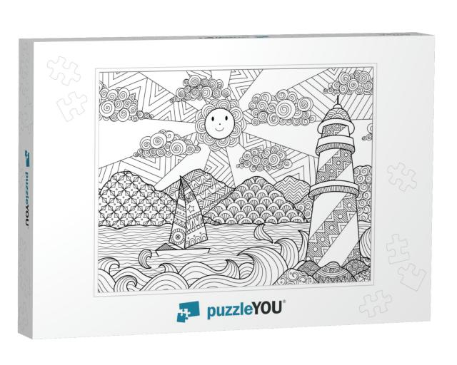 Seascape Line Art Design for Coloring Book for Adult, Ant... Jigsaw Puzzle