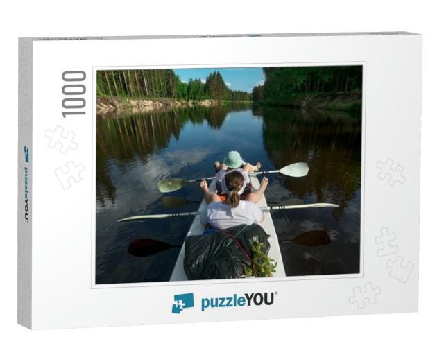 On Kayak Rafting on River Two Girls Relax Oars on Kayak A... Jigsaw Puzzle with 1000 pieces