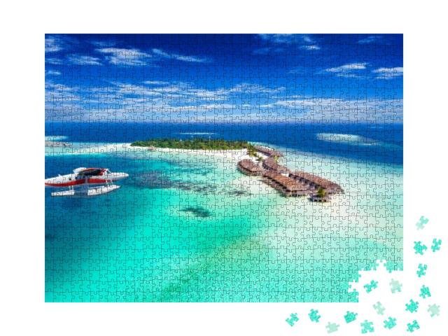 Aerial View of a Seaplane Approaching Island in the Maldi... Jigsaw Puzzle with 1000 pieces
