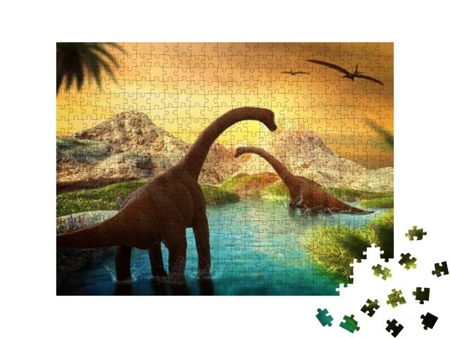 3D Fantasy Landscape with Dinosaur, 3D Rendered Landscape... Jigsaw Puzzle with 500 pieces