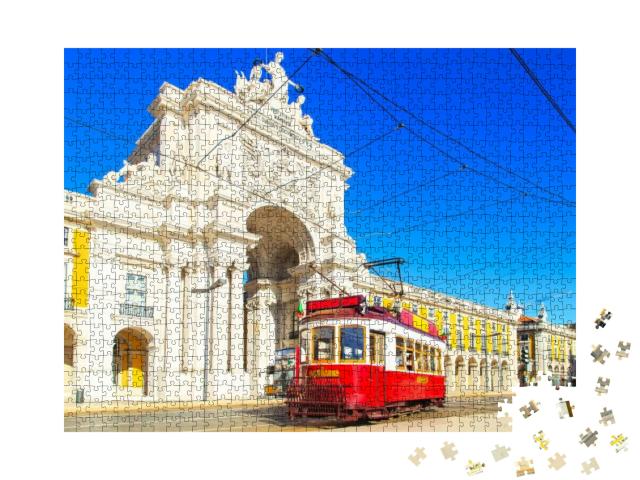 Traditional Red Tram on a Street Near Praca De Comercio i... Jigsaw Puzzle with 1000 pieces