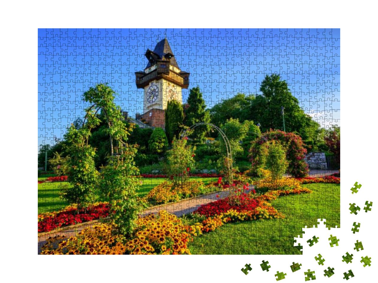 The Medieval Clock Tower Uhrturm in Flower Garden on Shlo... Jigsaw Puzzle with 1000 pieces