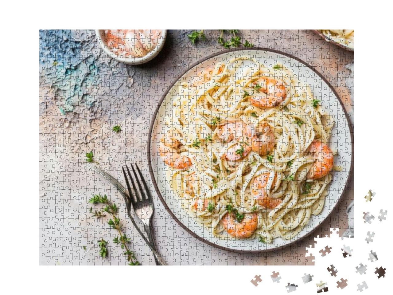 Italian Pasta Fettuccine in a Creamy Sauce with Shrimp on... Jigsaw Puzzle with 1000 pieces