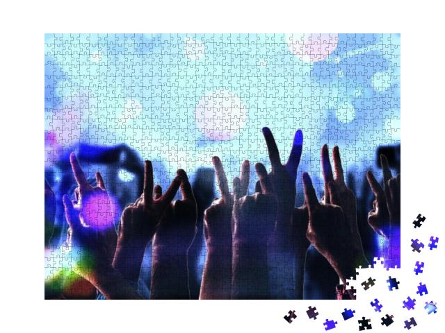 Crowd Fans Hand Silhouettes At Rock Pop Concert, Party, E... Jigsaw Puzzle with 1000 pieces