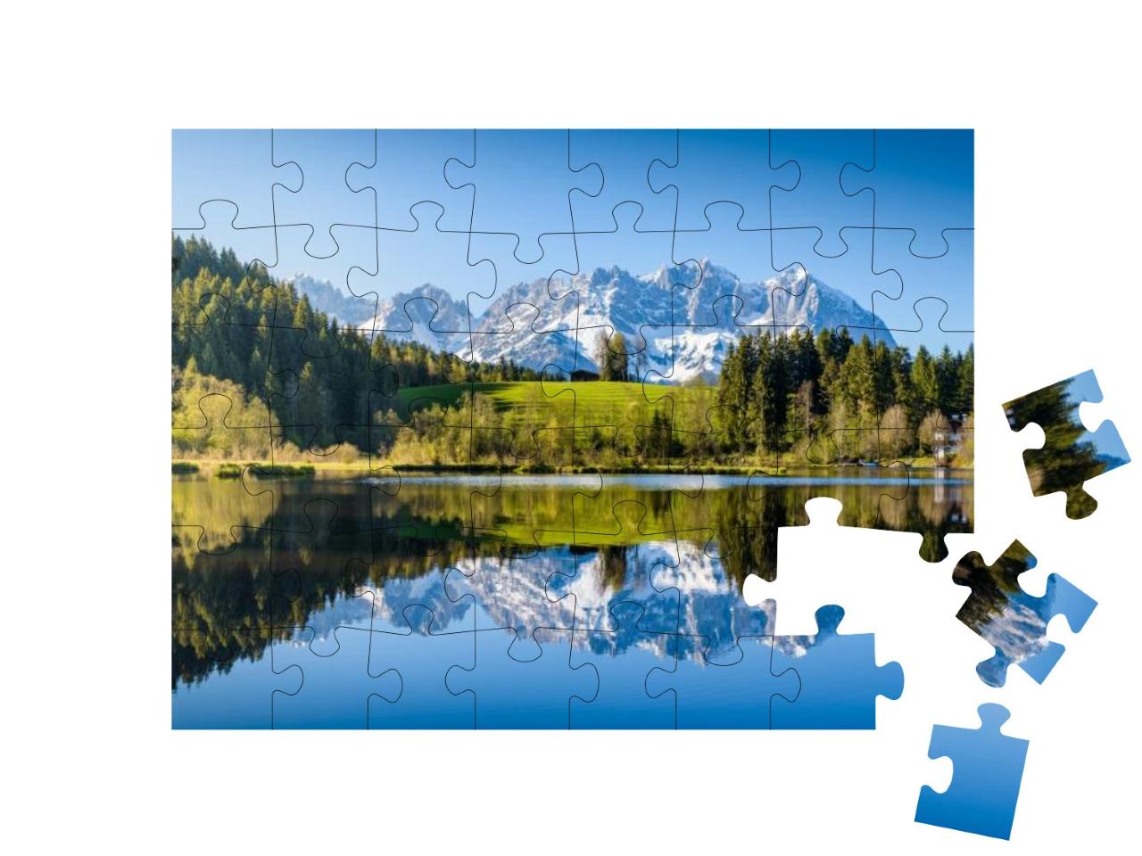Idyllic Alpine Scenery, Snowy Mountains Mirroring in a Sm... Jigsaw Puzzle with 48 pieces