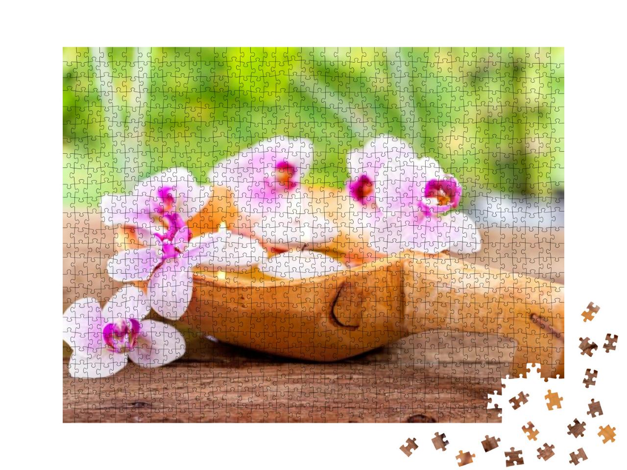 Beauty Purple White Orchid with Candles in a Wooden Scoop... Jigsaw Puzzle with 1000 pieces