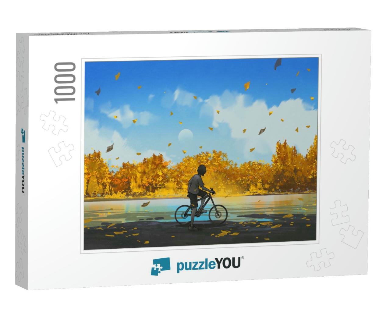 Boy on a Bicycle Looking At the Autumn View, Digital Art... Jigsaw Puzzle with 1000 pieces
