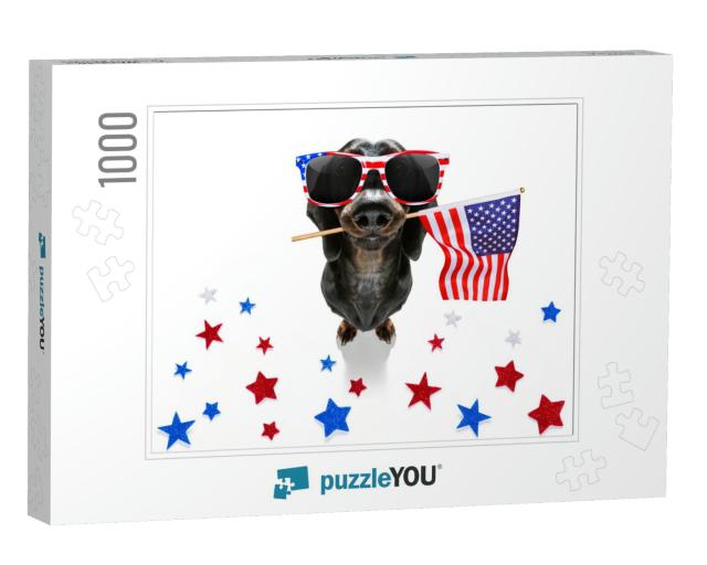 Sausage Dachshund Dog Waving a Flag of USA &... Jigsaw Puzzle with 1000 pieces
