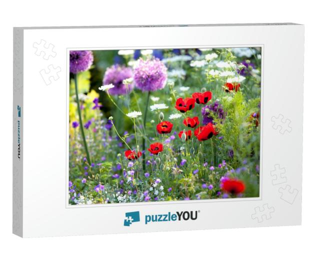 Wild Flower Garden with Poppies with Morning Sunlight... Jigsaw Puzzle