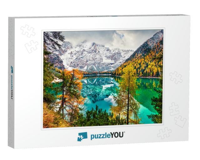 First Snow on Braies Lake. Colorful Autumn Landscape in I... Jigsaw Puzzle