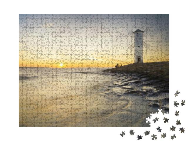 Lighthouse Windmill, Sunset Over the Sea Baltic Sea, Swin... Jigsaw Puzzle with 1000 pieces