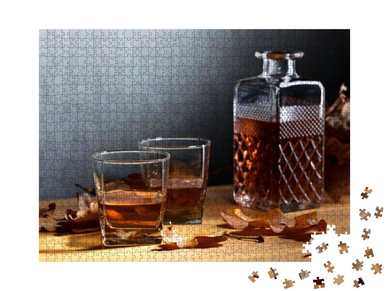 Whiskey & Dried Up Oak Leaves on a Old Wooden Table. Copy... Jigsaw Puzzle with 1000 pieces