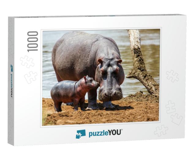 Hippo Mother with Her Baby in the Masai Mara National Par... Jigsaw Puzzle with 1000 pieces