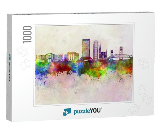 Jacksonville Skyline in Watercolor Background... Jigsaw Puzzle with 1000 pieces