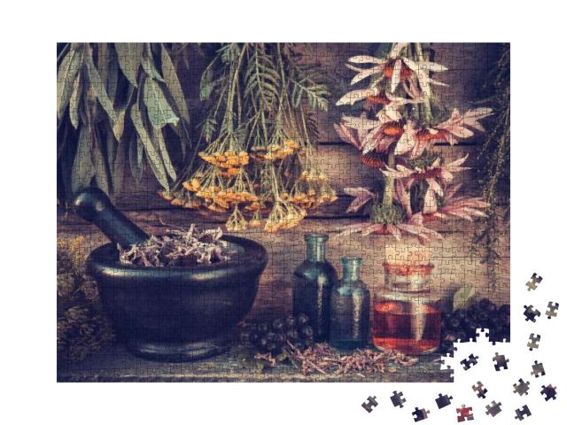Vintage Stylized Photo of Healing Herbs Bunches, Black Mo... Jigsaw Puzzle with 1000 pieces