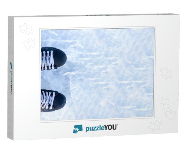 A Pair of Hockey Skates with Laces on Frozen Ice Rink Clo... Jigsaw Puzzle