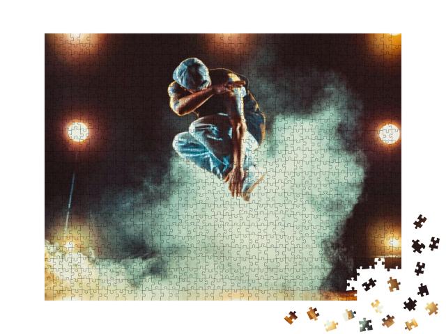 Young Man Break Dancing in Club with Lights & Smoke. Tatt... Jigsaw Puzzle with 1000 pieces